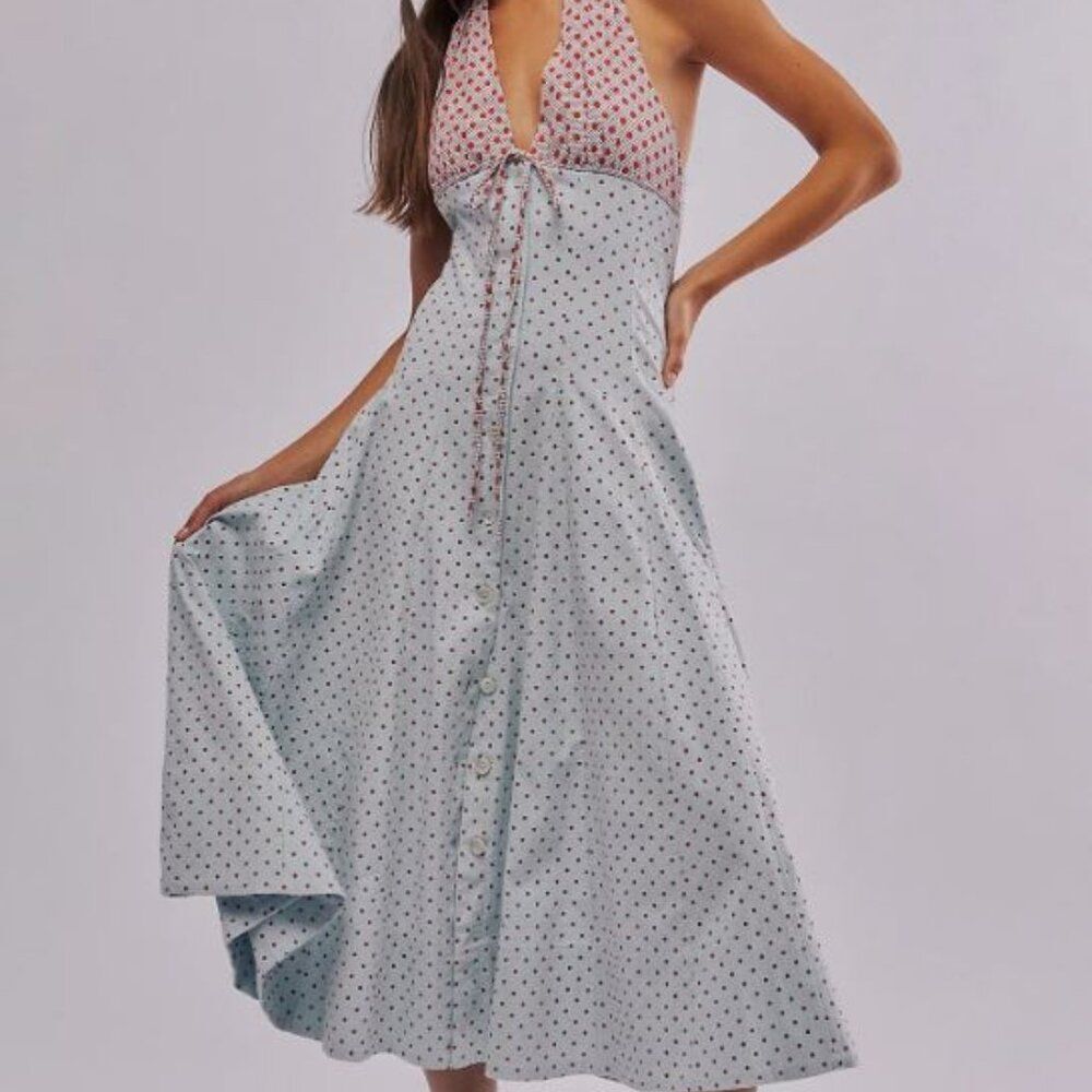 Free People Stelladonna Midi Dress Lt Blue Combo Size Large